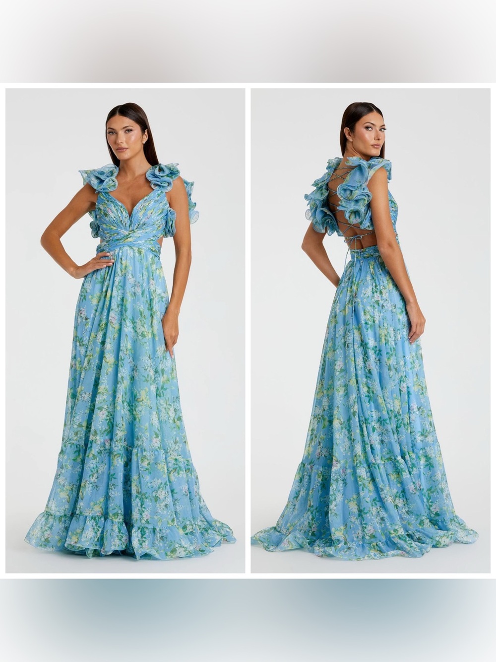 Mac Duggal 6703 Blue Ruffle Tiered Floral Cut Out Chiffon Gown Size 6